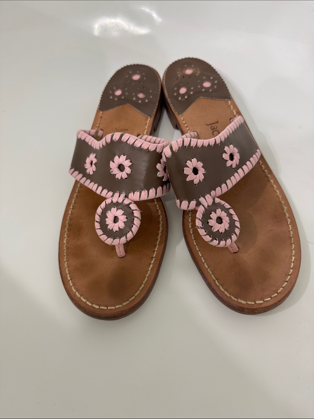 Jack Rogers Brown and Pink Floral Leather Thong Sandals